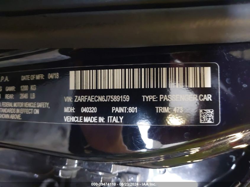 2018 Alfa Romeo Giulia Ti Sport Rwd VIN: ZARFAECN6J7589159 Lot: 39474110