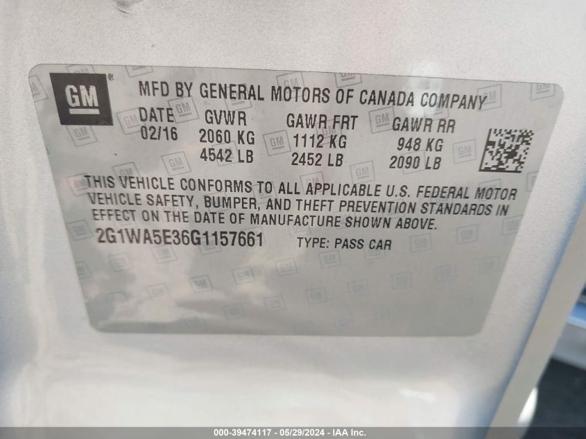 2016 Chevrolet Impala Limited Ls VIN: 2G1WA5E36G1157661 Lot: 39474117