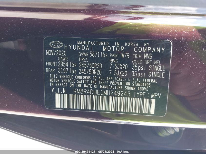 2021 Hyundai Palisade Sel VIN: KM8R4DHE1MU249243 Lot: 39474138