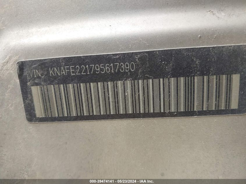 2009 Kia Spectra Ex VIN: KNAFE221795617390 Lot: 39474141