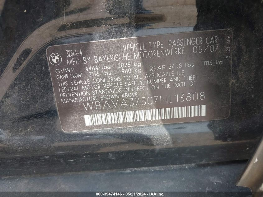 2007 BMW 328I VIN: WBAVA37507NL13808 Lot: 39474146