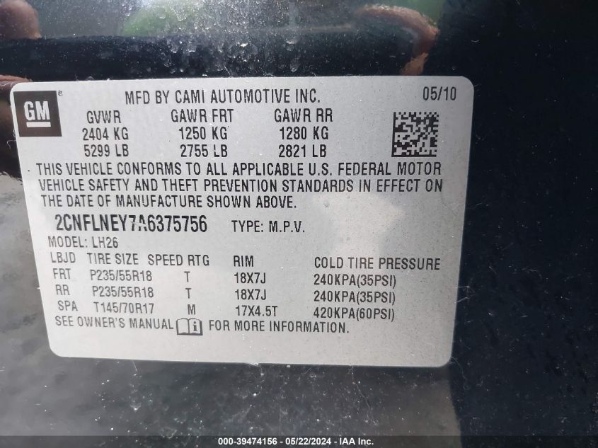 2010 Chevrolet Equinox Lt VIN: 2CNFLNEY7A6375756 Lot: 39474156