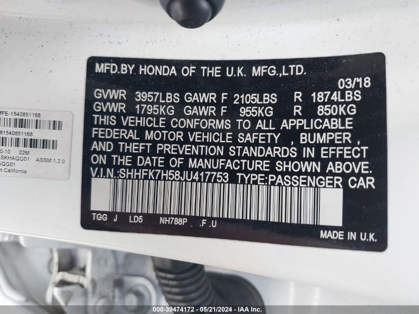 2018 Honda Civic Ex VIN: SHHFK7H58JU417753 Lot: 39474172
