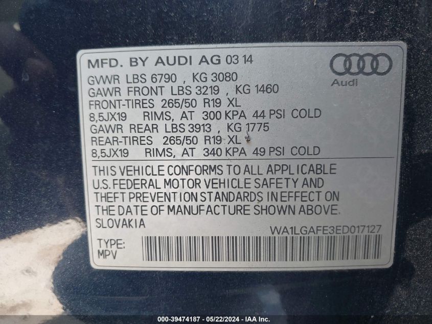 2014 Audi Q7 3.0T Premium VIN: WA1LGAFE3ED017127 Lot: 39474187