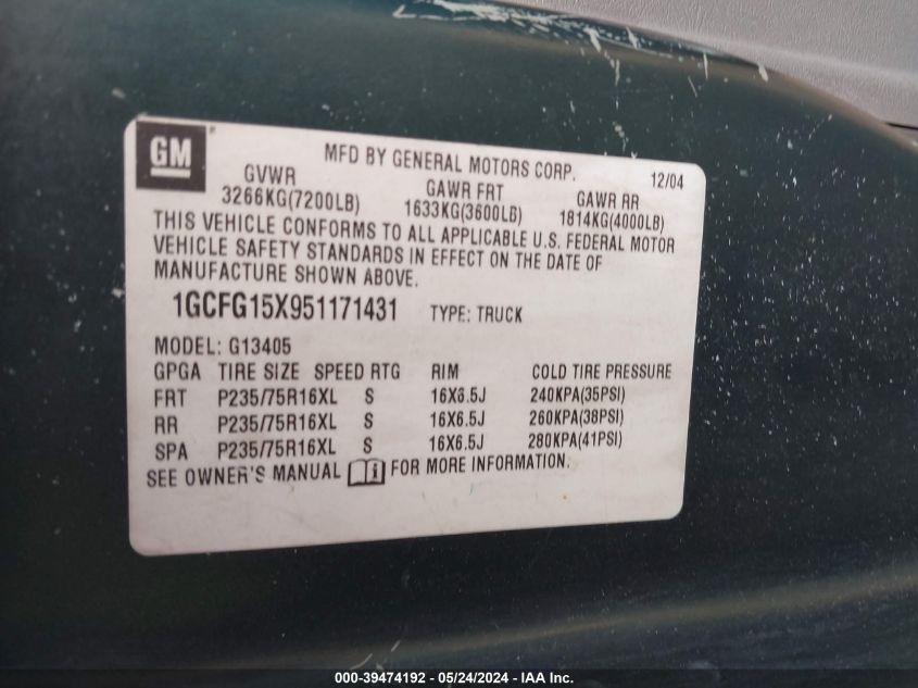 2005 Chevrolet Express VIN: 1GCFG15X951171431 Lot: 39474192