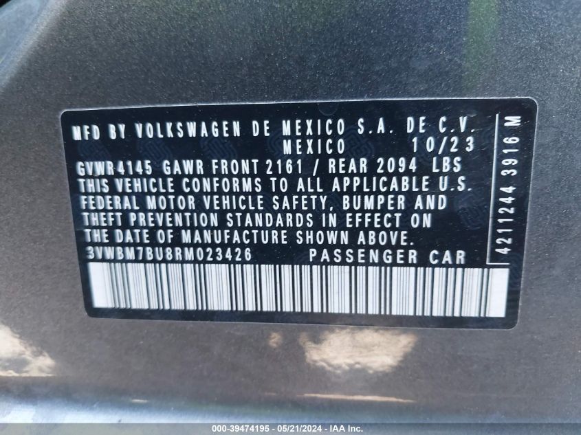 2024 Volkswagen Jetta 1.5T Sport VIN: 3VWBM7BU8RM023426 Lot: 39474195