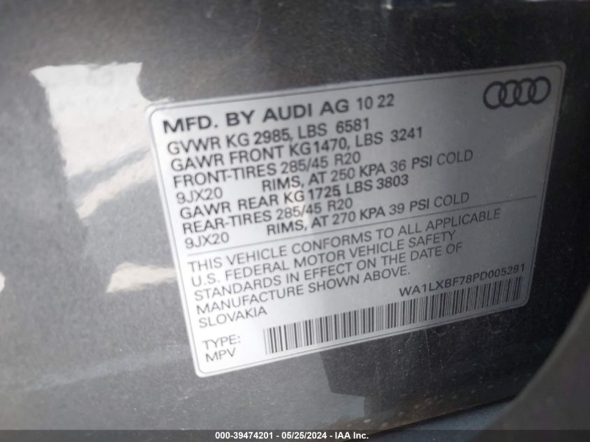 2023 Audi Q7 Premium Plus 55 Tfsi Quattro Tiptronic VIN: WA1LXBF78PD005291 Lot: 39474201