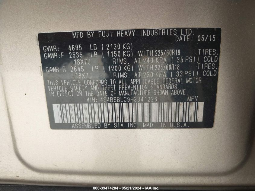 2015 Subaru Outback 2.5I Limited VIN: 4S4BSBLC9F3341226 Lot: 39474204