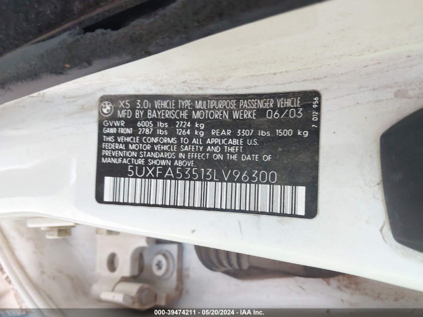 2003 BMW X5 3.0I VIN: 5UXFA53513LV96300 Lot: 39474211