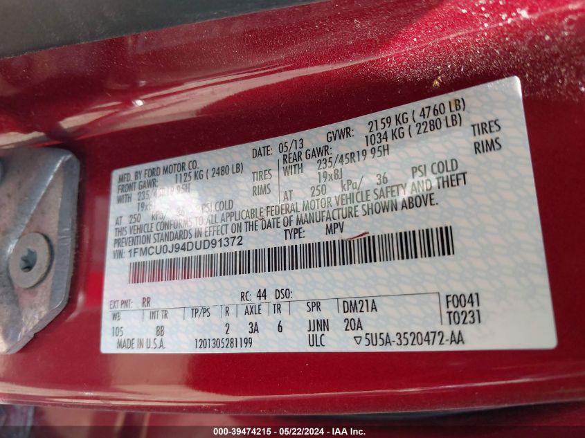 2013 Ford Escape Titanium VIN: 1FMCU0J94DUD91372 Lot: 39474215