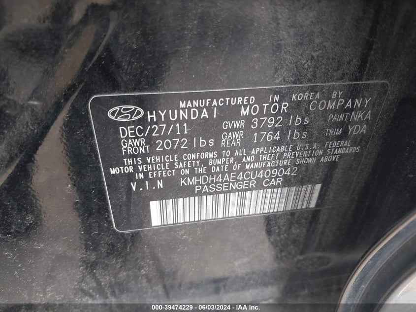 2012 Hyundai Elantra Gls (Ulsan Plant) VIN: KMHDH4AE4CU409042 Lot: 39474229