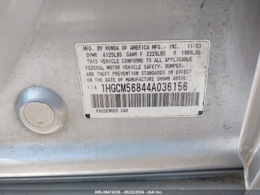 2004 Honda Accord 2.4 Ex VIN: 1HGCM56844A036156 Lot: 39474235