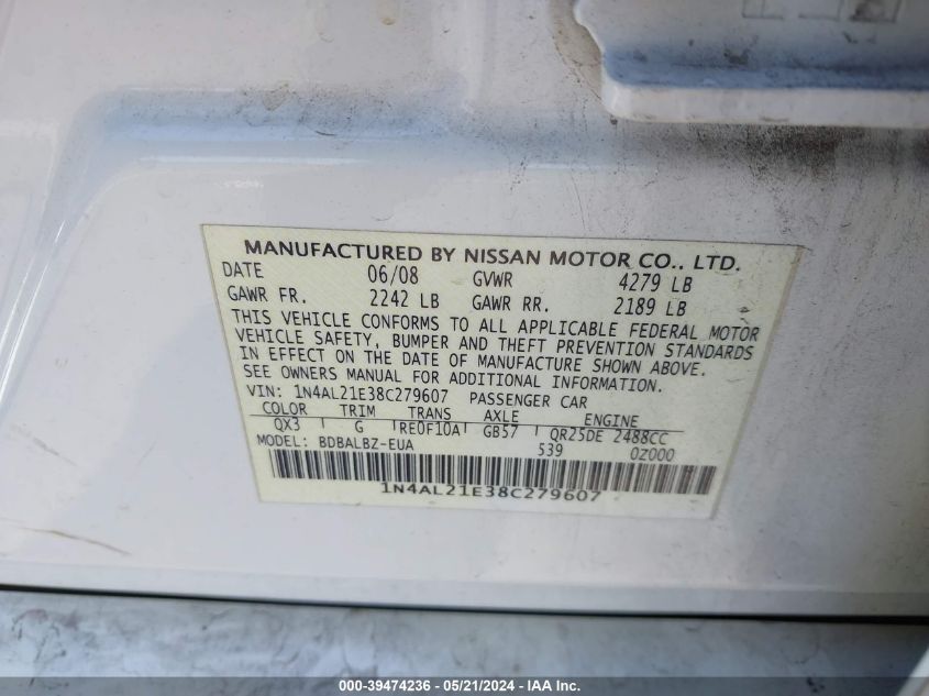 2008 Nissan Altima 2.5 S VIN: 1N4AL21E38C279607 Lot: 39474236