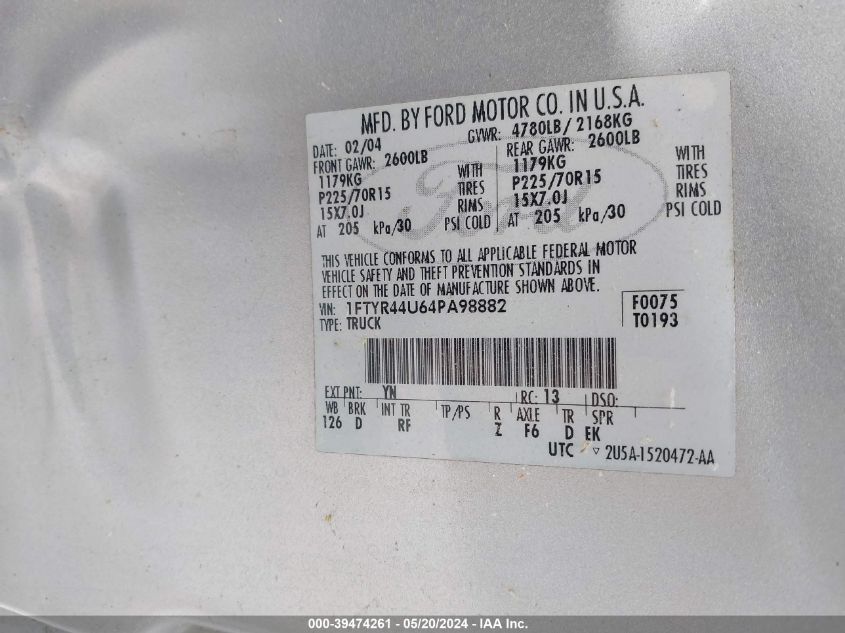 2004 Ford Ranger Edge/Tremor/Xlt VIN: 1FTYR44U64PA98882 Lot: 39474261