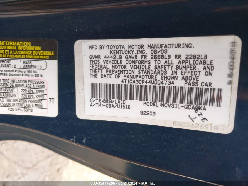 2004 Toyota Camry Solara Sle V6 VIN: 4T1CA30P44U004734 Lot: 39474286