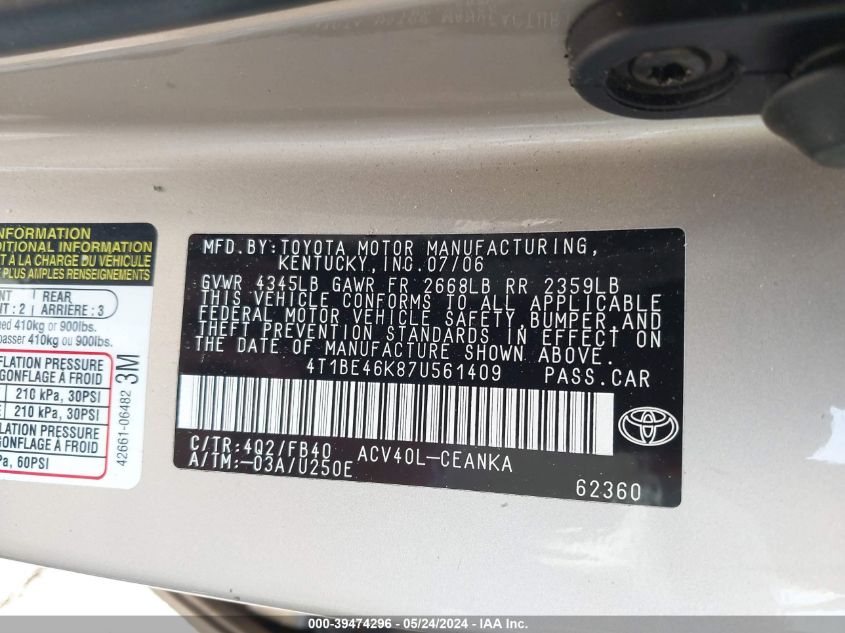 2007 Toyota Camry Le VIN: 4T1BE46K87U561409 Lot: 39474296