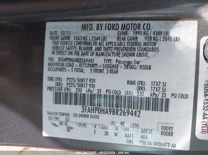 2011 Ford Fusion Se VIN: 3FAHP0HA9BR269442 Lot: 39474297