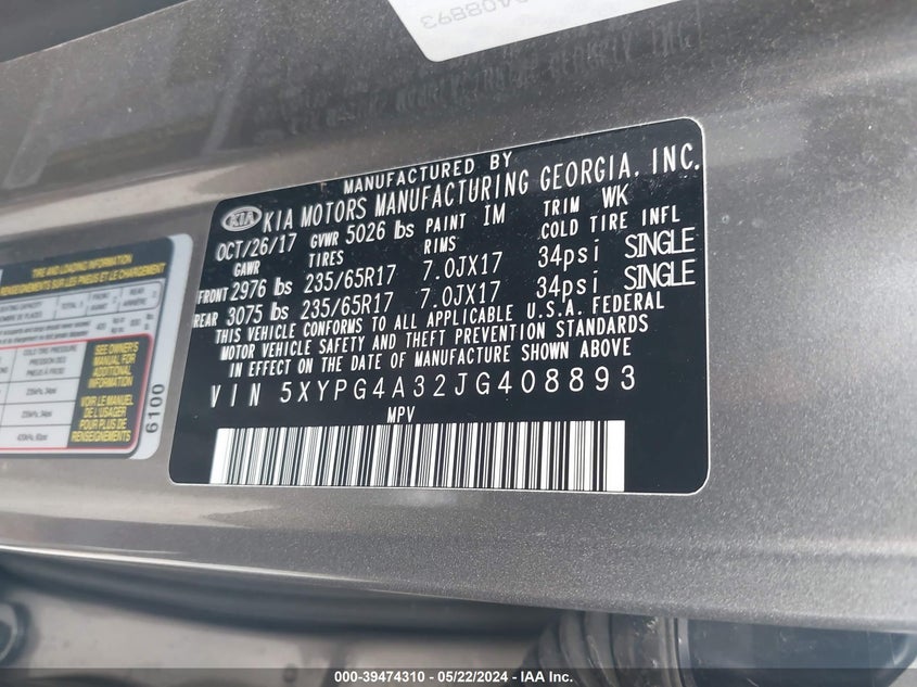 2018 Kia Sorento 2.4L L VIN: 5XYPG4A32JG408893 Lot: 39474310