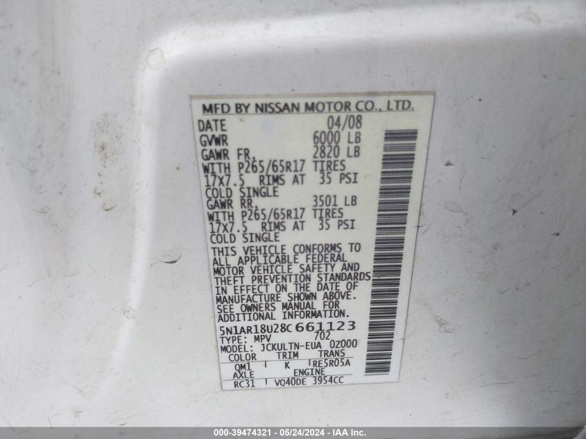2008 Nissan Pathfinder Se VIN: 5N1AR18U28C661123 Lot: 39474321