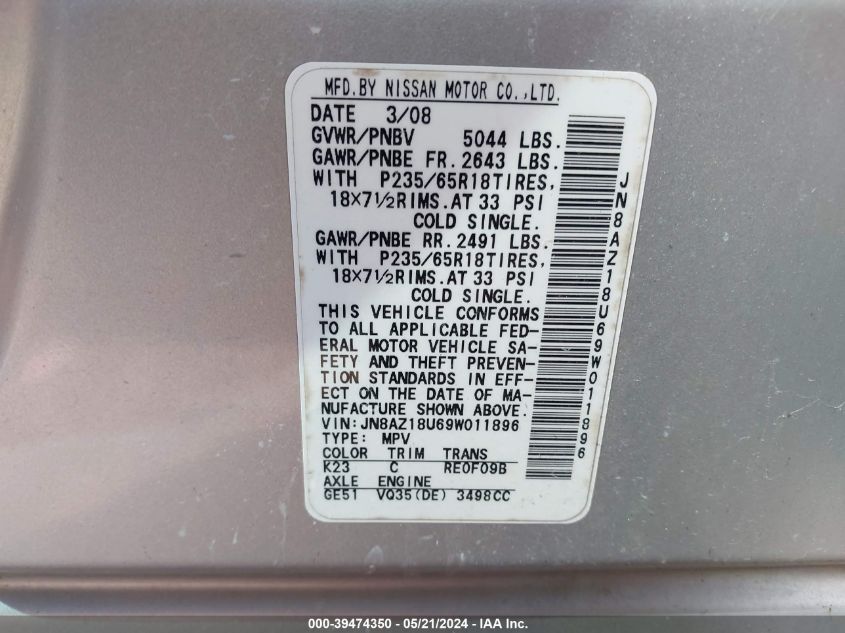 2009 Nissan Murano Sl VIN: JN8AZ18U69W011896 Lot: 39474350