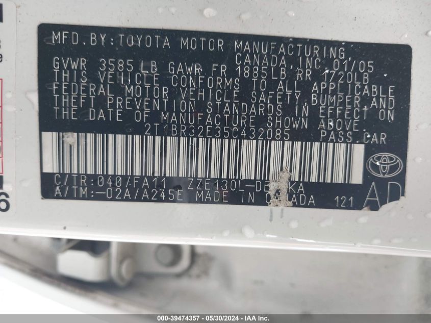 2005 Toyota Corolla Ce VIN: 2T1BR32E35C432085 Lot: 39474357