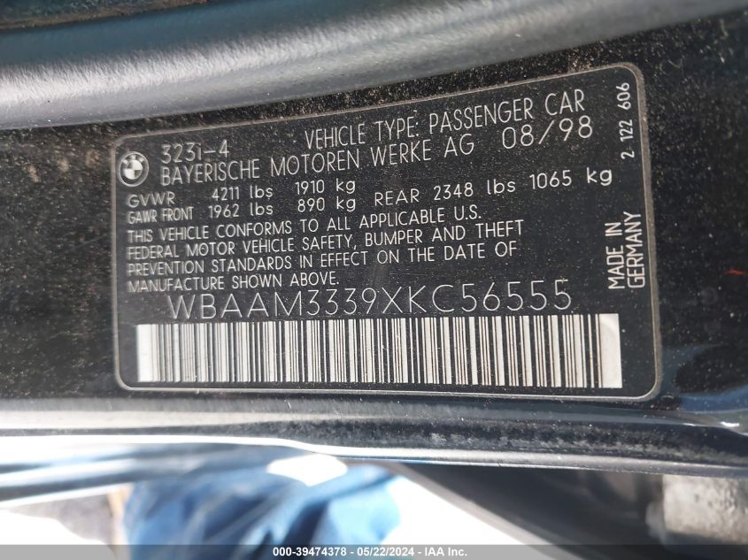 1999 BMW 323I VIN: WBAAM3339XKC56555 Lot: 39474378
