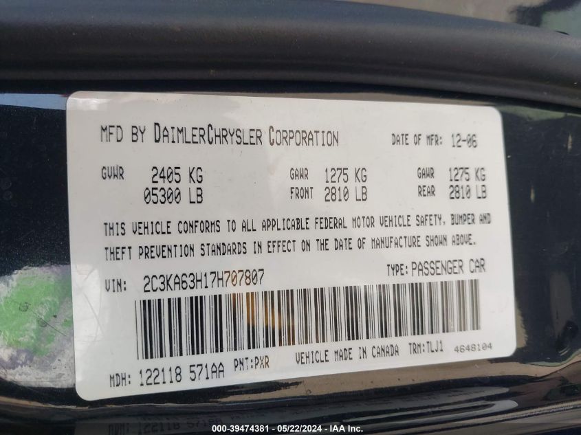 2007 Chrysler 300C VIN: 2C3KA63H17H707807 Lot: 39474381