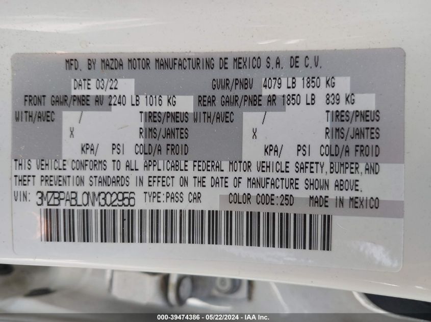 2022 Mazda Mazda3 Select VIN: 3MZBPABL0NM302956 Lot: 39474386