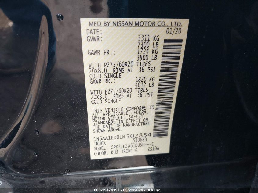 2020 Nissan Titan Sl 4X4 VIN: 1N6AA1ED0LN502854 Lot: 39474397