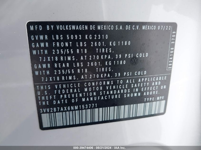 2022 Volkswagen Tiguan 2.0T Se VIN: 3VV2B7AX6NM153771 Lot: 39474406