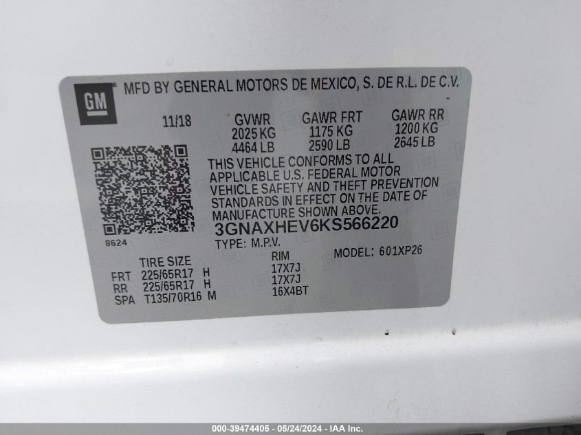 2019 Chevrolet Equinox Ls VIN: 3GNAXHEV6KS566220 Lot: 39474405