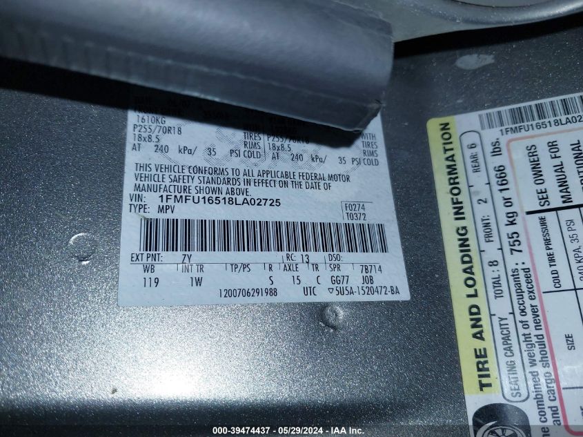 2008 Ford Expedition Xlt VIN: 1FMFU16518LA02725 Lot: 39474437