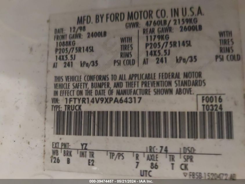 1999 Ford Ranger Xl/Xlt VIN: 1FTYR14V9XPA64317 Lot: 39474457