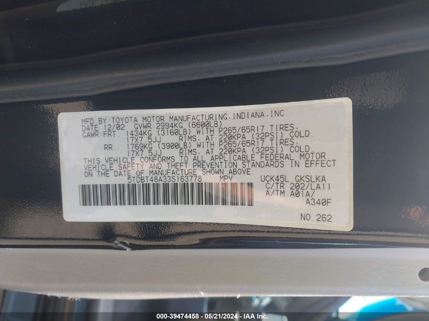 2003 Toyota Sequoia Limited V8 VIN: 5TDBT48A33S163778 Lot: 39474458