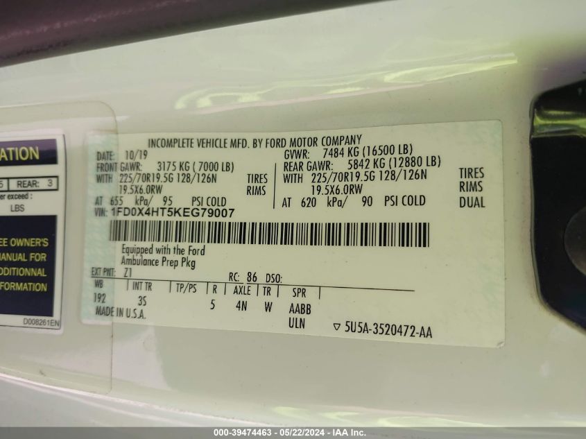 2019 Ford F-450 Chassis Xlt VIN: 1FD0X4HT5KEG79007 Lot: 39474463