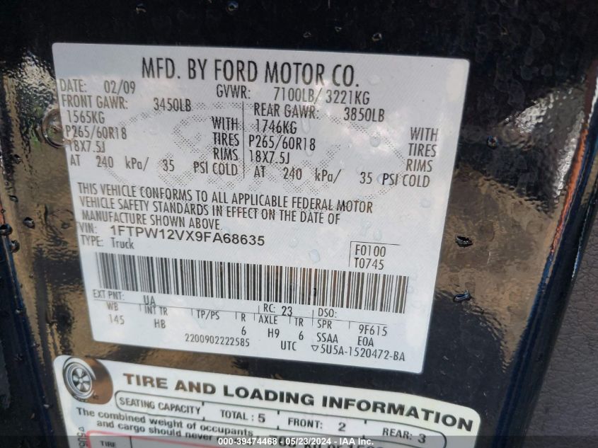 2009 Ford F-150 King Ranch/Lariat/Platinum/Xl/Xlt VIN: 1FTPW12VX9FA68635 Lot: 39474468