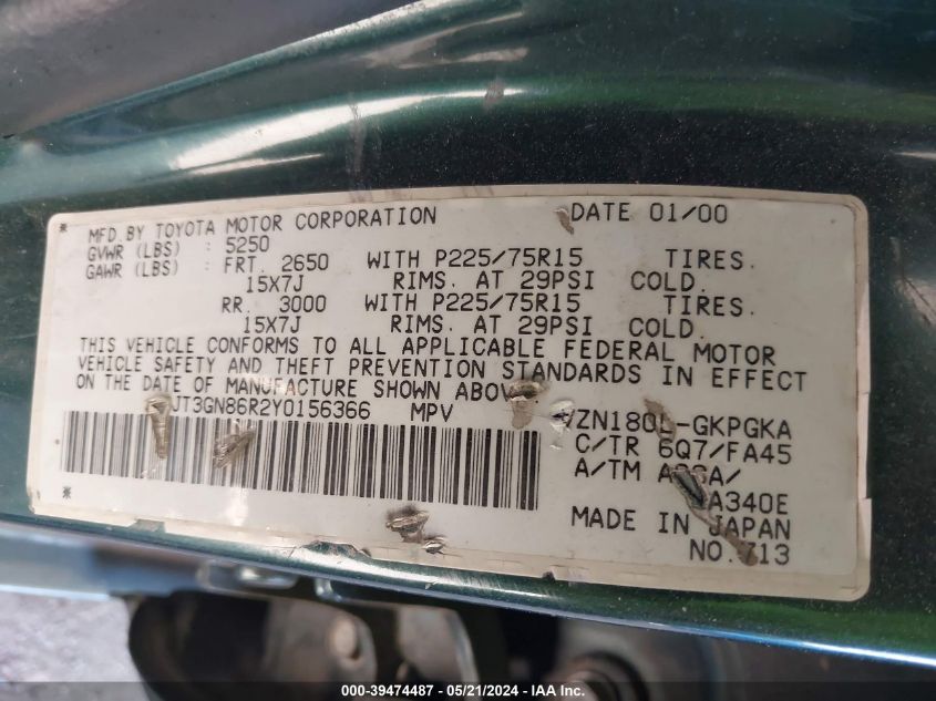 2000 Toyota 4Runner Sr5 V6 VIN: JT3GN86R2Y0156366 Lot: 39474487