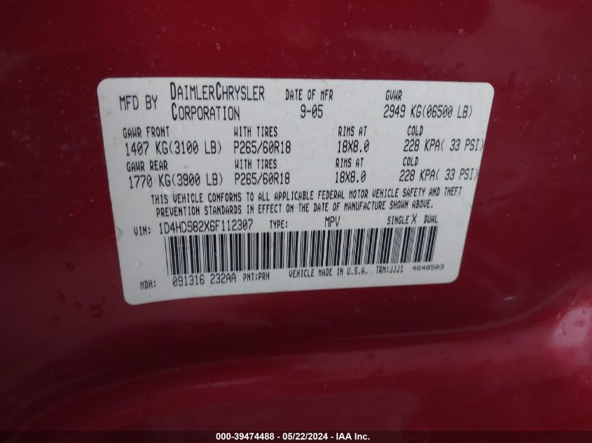 2006 Dodge Durango Limited VIN: 1D4HD582X6F112307 Lot: 39474488