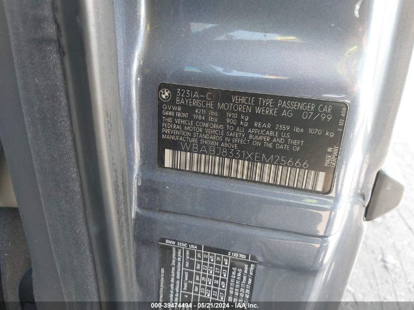 1999 BMW 323Ic VIN: WBABJ8331XEM25666 Lot: 39474494