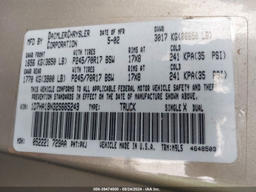 2002 Dodge Ram 1500 St VIN: 1D7HA18N32S665249 Lot: 39474500