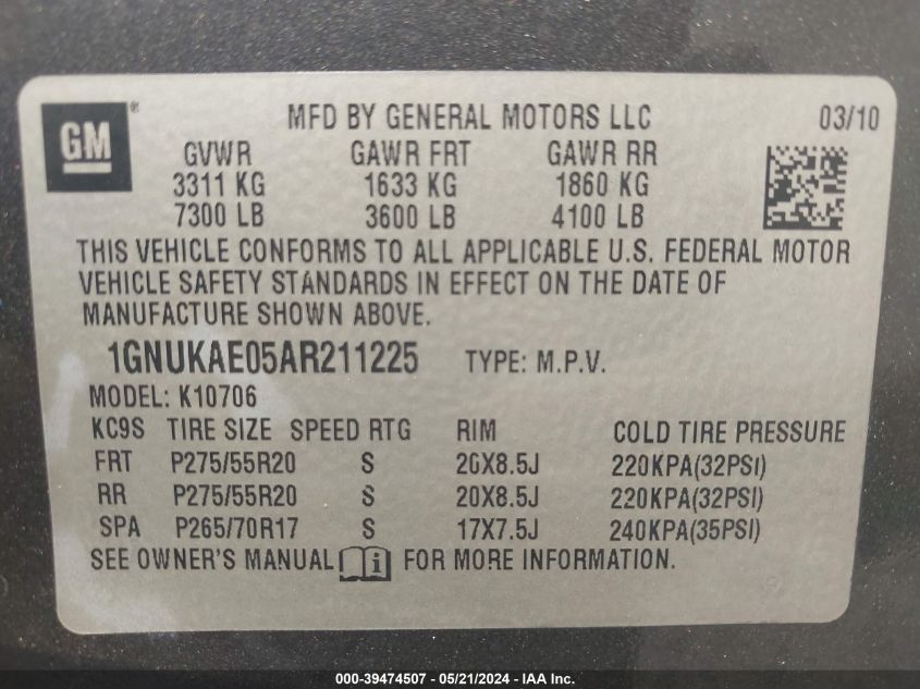 2010 Chevrolet Tahoe Ls VIN: 1GNUKAE05AR211225 Lot: 39474507