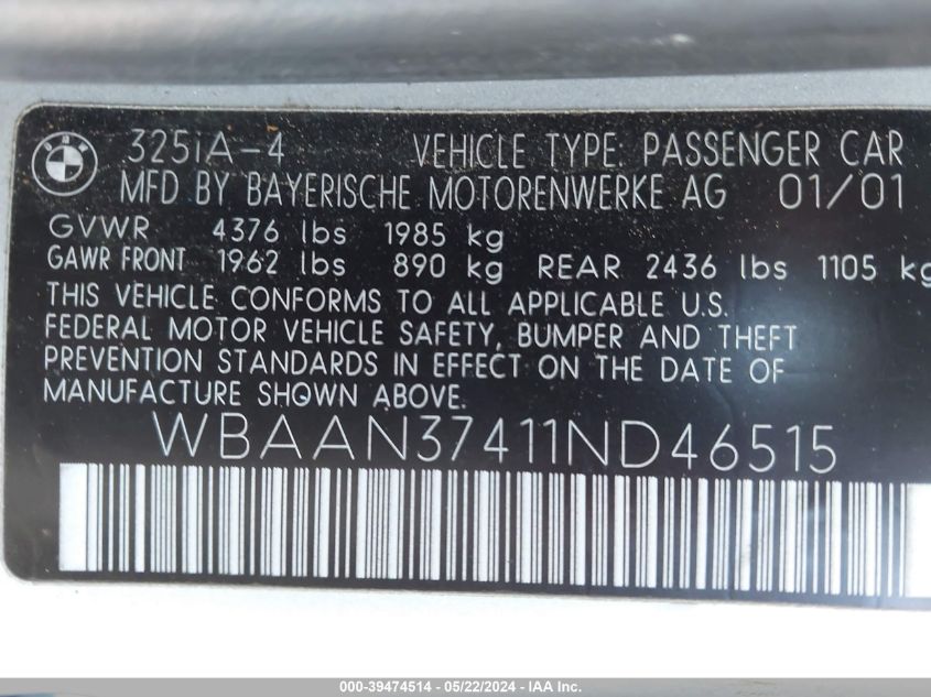 2001 BMW 325I VIN: WBAAN37411ND46515 Lot: 39474514