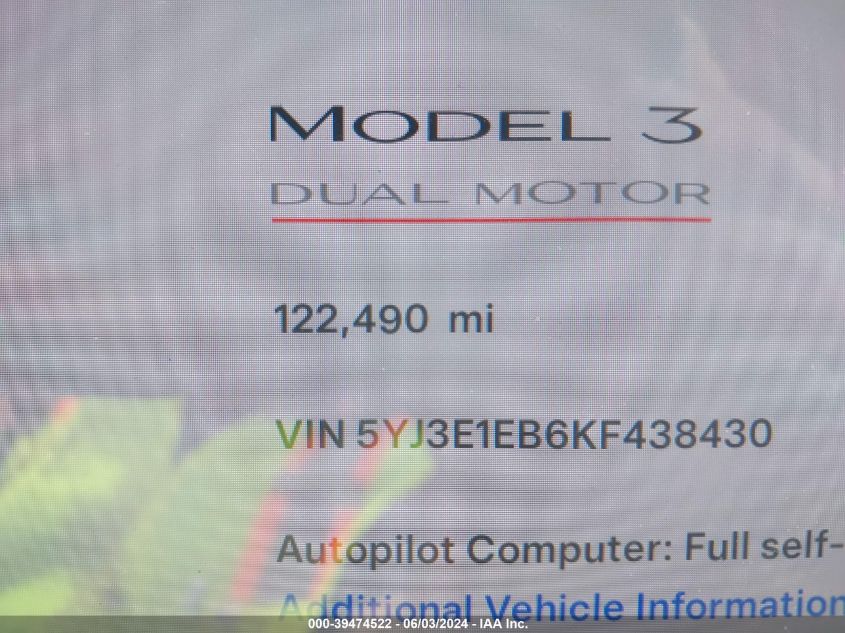 2019 Tesla Model 3 Long Range/Performance VIN: 5YJ3E1EB6KF438430 Lot: 39474522