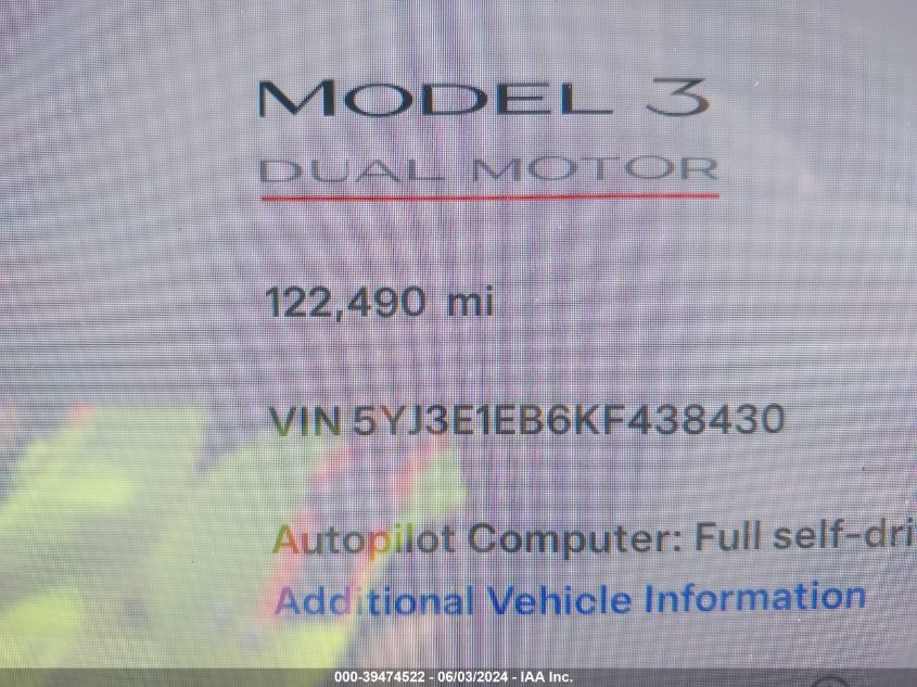 2019 Tesla Model 3 Long Range/Performance VIN: 5YJ3E1EB6KF438430 Lot: 39474522