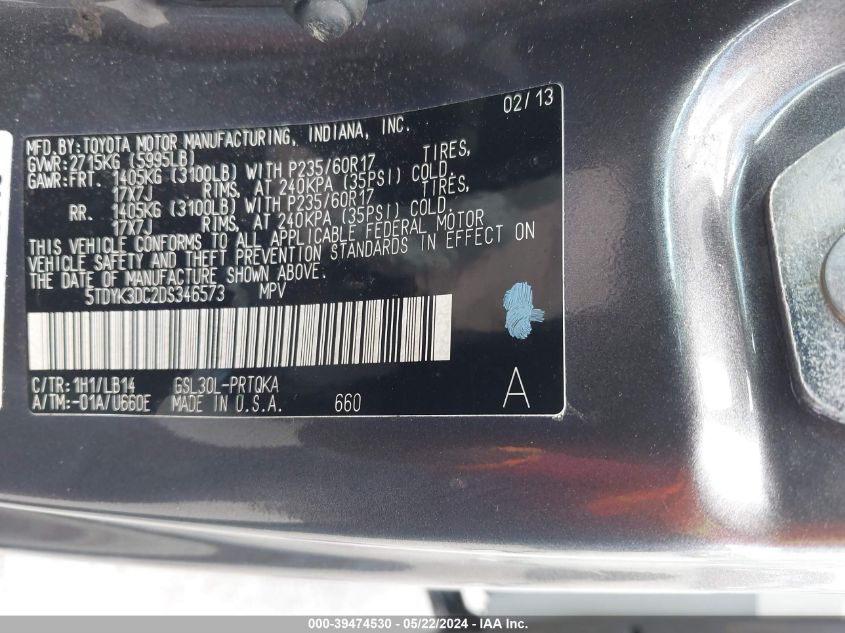 2013 Toyota Sienna Xle V6 8 Passenger VIN: 5TDYK3DC2DS346573 Lot: 39474530