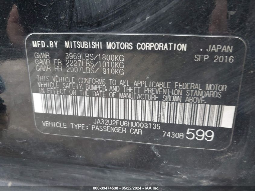 2017 Mitsubishi Lancer Es VIN: JA32U2FU6HU003135 Lot: 39474538