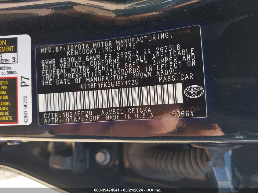 2016 Toyota Camry Se VIN: 4T1BF1FK5GU571228 Lot: 39474541