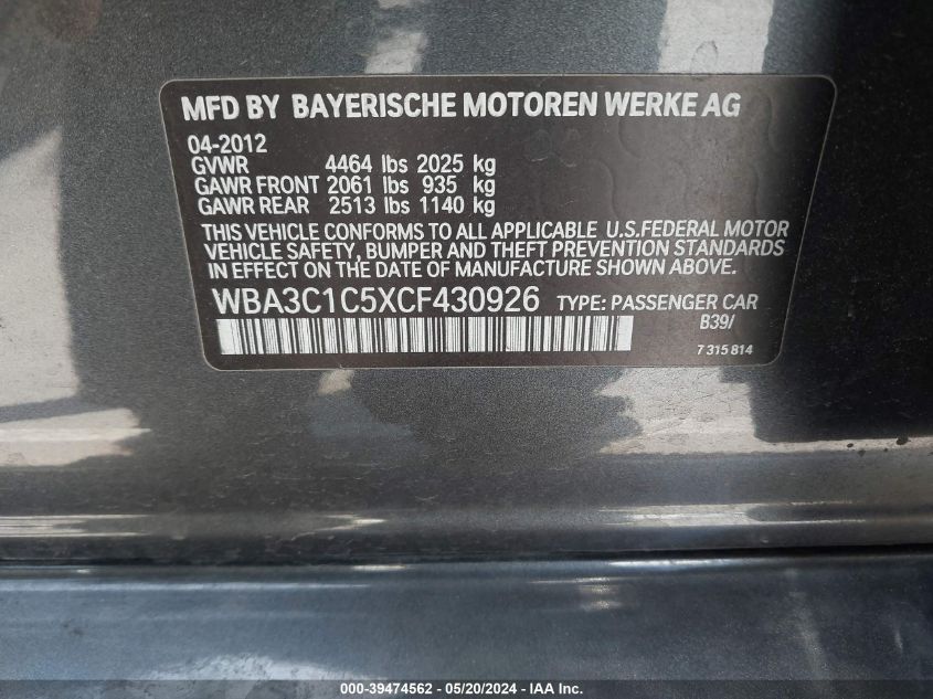 2012 BMW 328I VIN: WBA3C1C5XCF430926 Lot: 39474562