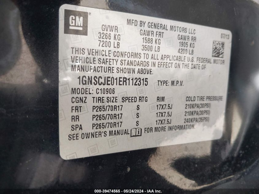 2014 Chevrolet Suburban 1500 Lt VIN: 1GNSCJE01ER112315 Lot: 39474565