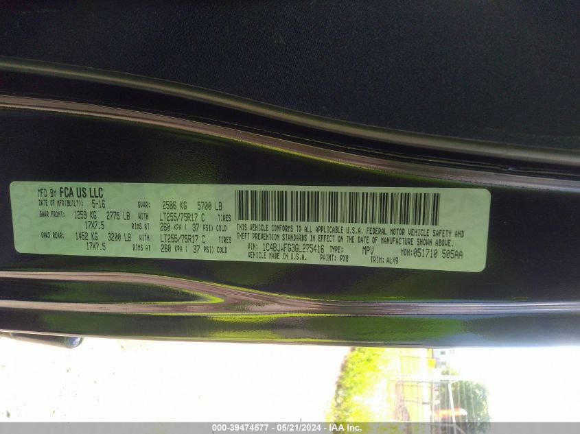 2016 Jeep Wrangler Unlimited Rubicon VIN: 1C4BJWFG3GL275416 Lot: 39474577